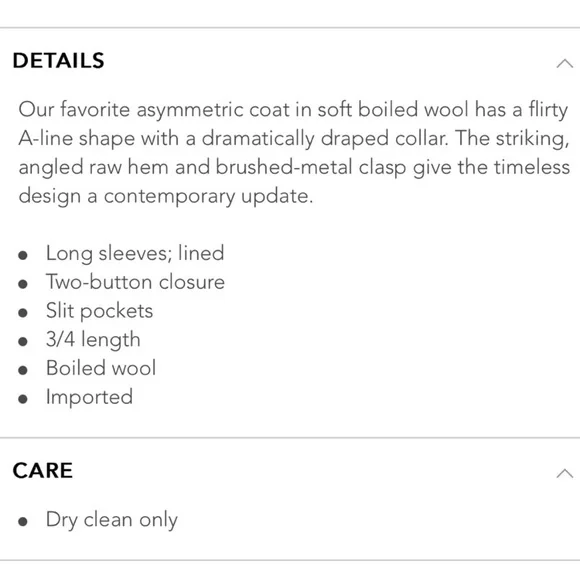 Garnet Hill Boiled Wool Asymmetrical Crossover Hook Close Jacket Ivory size 4 4P - Picture 9 of 9